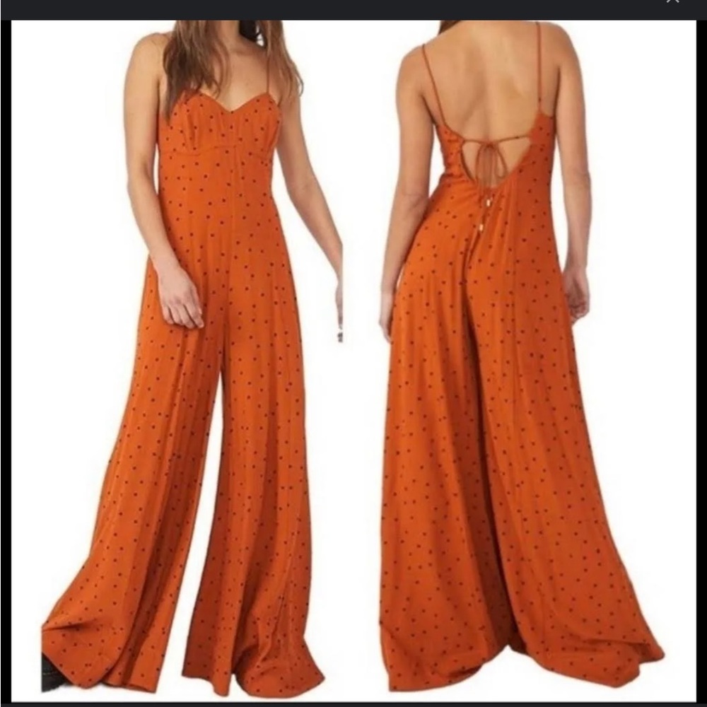 New Free People Summer Jamboree Rust Polka Dot Wide Leg Romper Jumper SMALL.